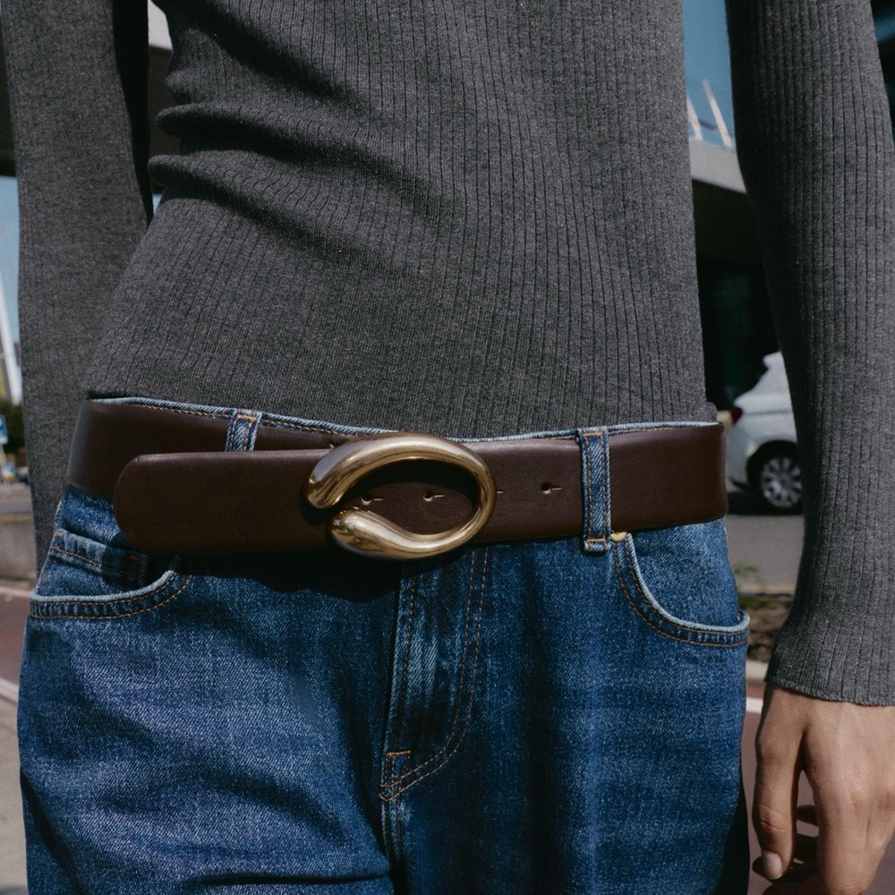 Zara Brown Leather Belt with Oval Buckle, Size 30. NWT